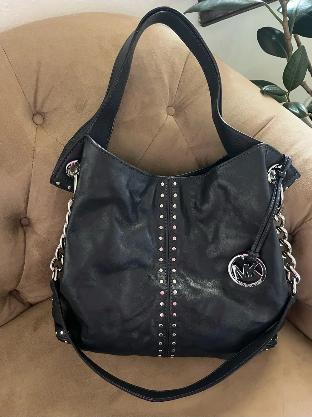 Michael Kors Navy Leather Studded Hobo Shoulder Bag with MK Charm